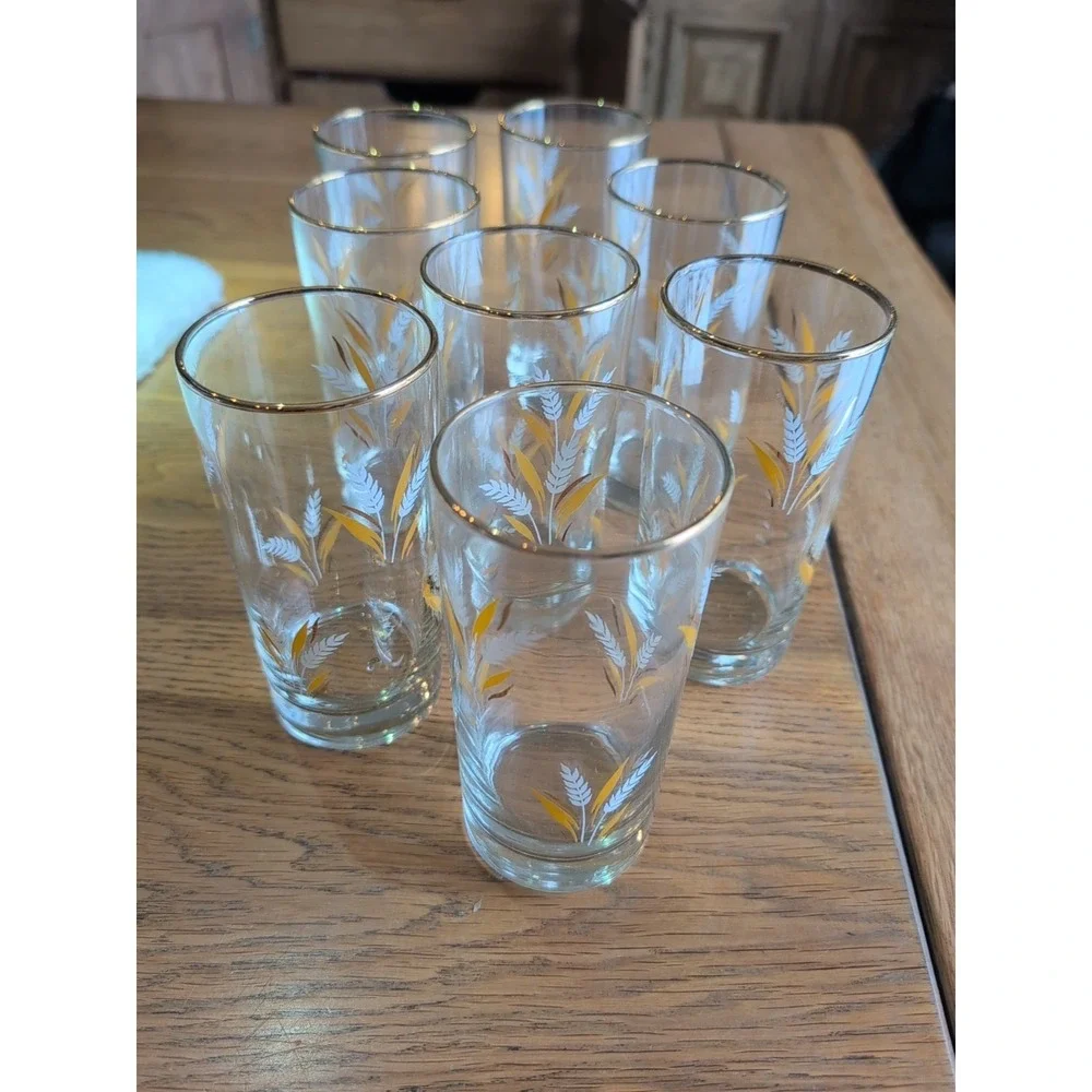 Set of 8 Vintage Libbey Informals‎ Glasses Tumblers Gold Wheat Design NIB
